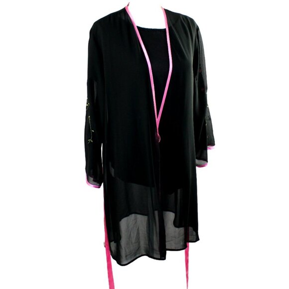 Oscar de la Renta Pink Label Black Sheer Pink Floral Accent Kimono Robe,… - Picture 4 of 9